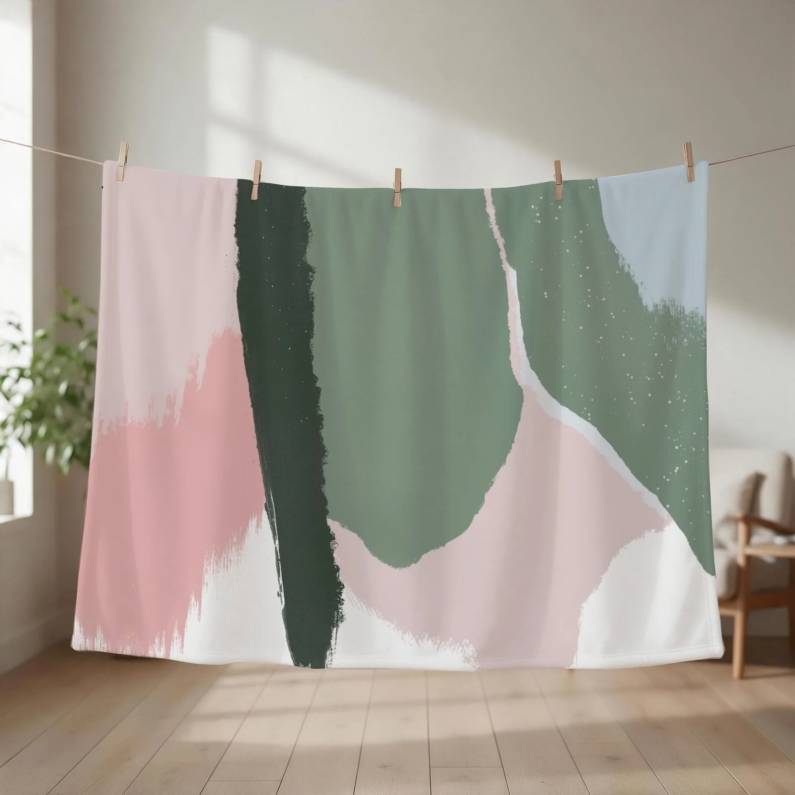 Abstract Art Paint Brush Strokes in Blush Pink & Sage Green Throw Blanket couch cozy soft plush fuzzy picnic outdoor blanket
