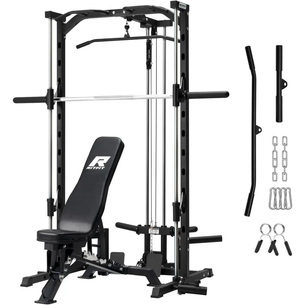 

Power Rack with Lat Pulldown, Landmine, Barbell, and Plate Storage Attachments for Comprehensive Training
