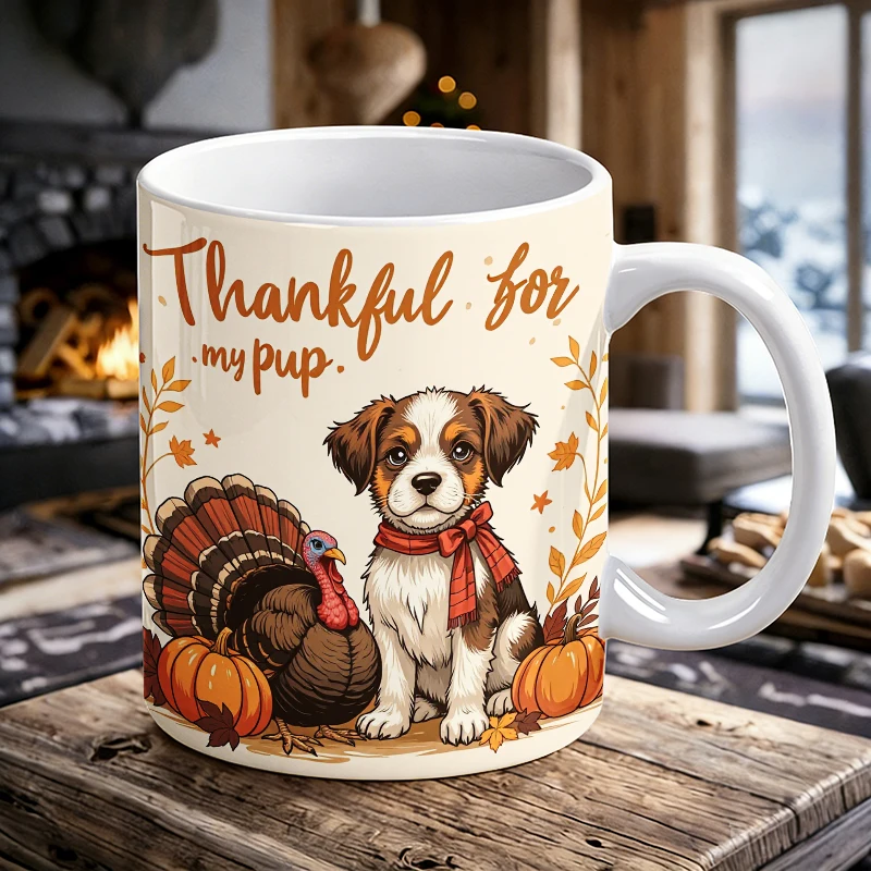 

11 oz "Thankful for My Pup" handle ceramic mug, cute puppy coffee mug, insulated milk cup, office water cup, fade-resistant