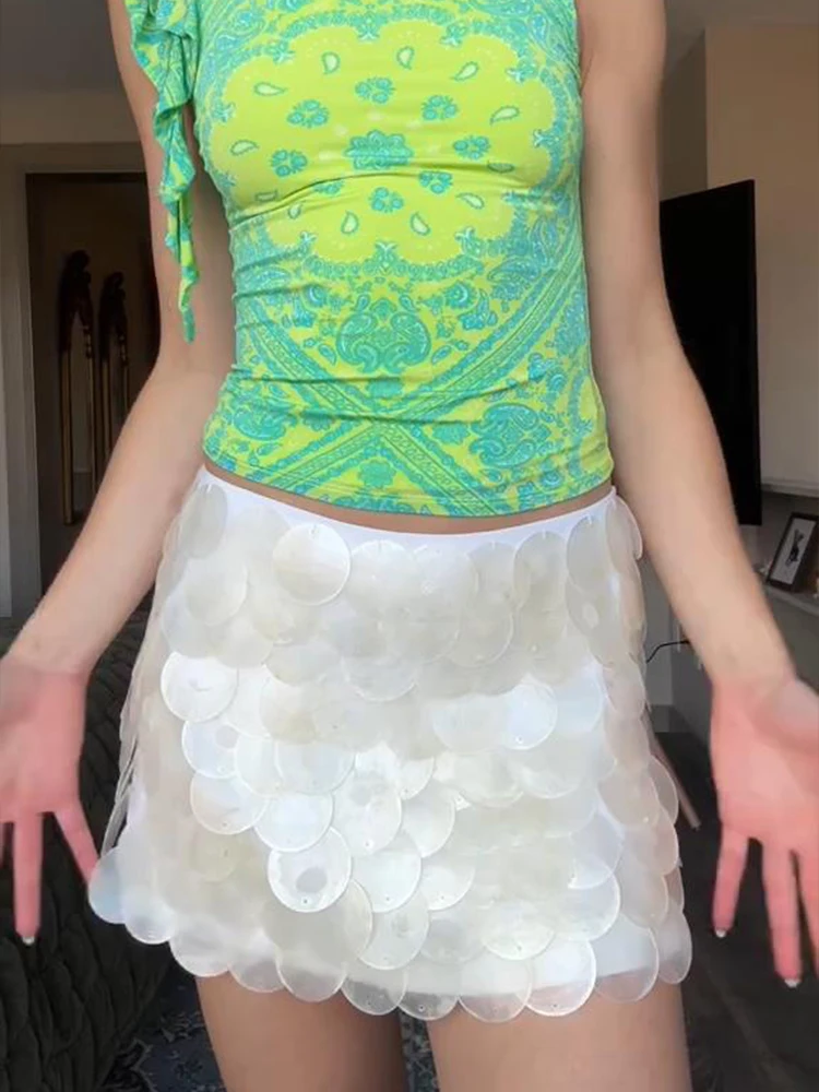 

Sequin Mini Skirt Women Sexy Slim Shiny Fashion Chic Short Skirts Female 2025 Spring Summer Beach Solid Holiday Streetwears Lady