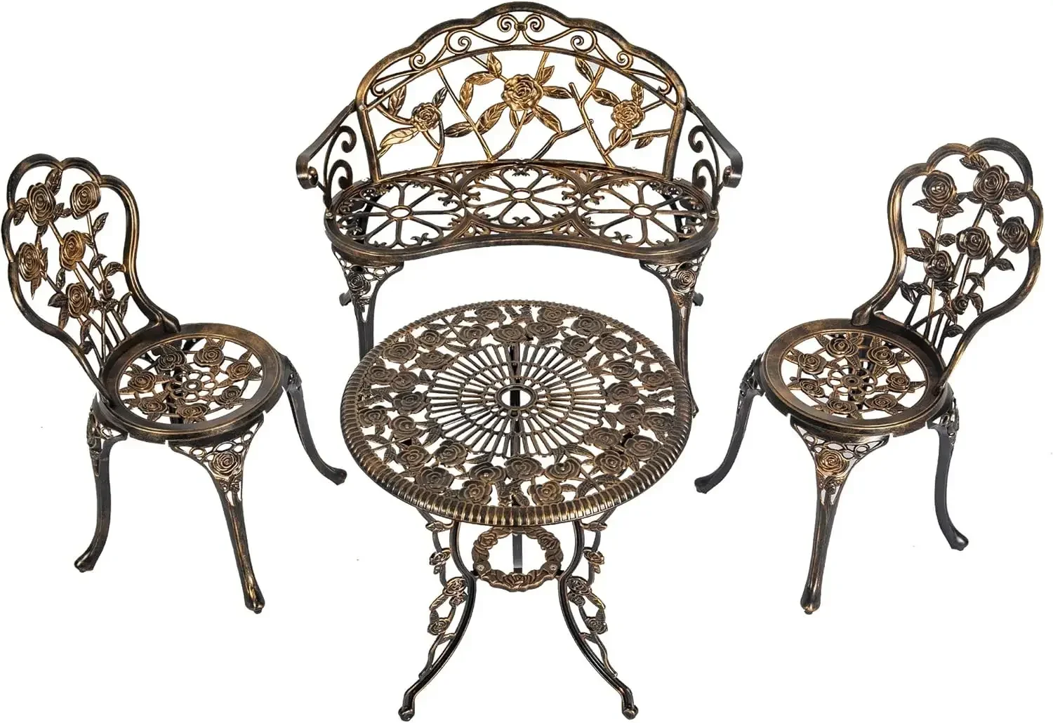 Set of 4, Patio Rose Table and Chair Set with Umbrella Hole for Balcony All Weather Resistant Bronze