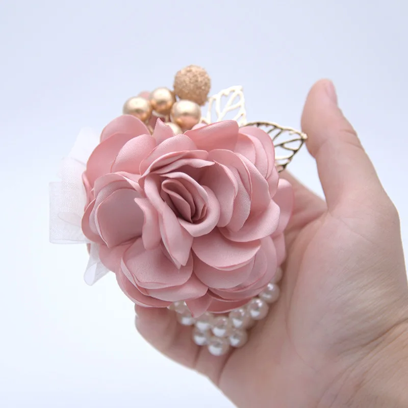 Dusty ดอกกุหลาบสีชมพูดอกไม้ข้อมือ Corsage เจ้าสาวงานแต่งงานอุปกรณ์เสริมสร้อยข้อมือ Demoiselles D Honneur Mariage