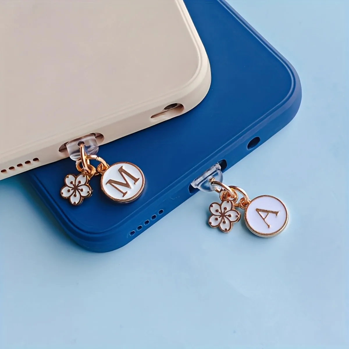 

White Phone Dust Plug with 26 Letters A-Z Flower Charms, Universal Compatible for iPhone Type-C Port