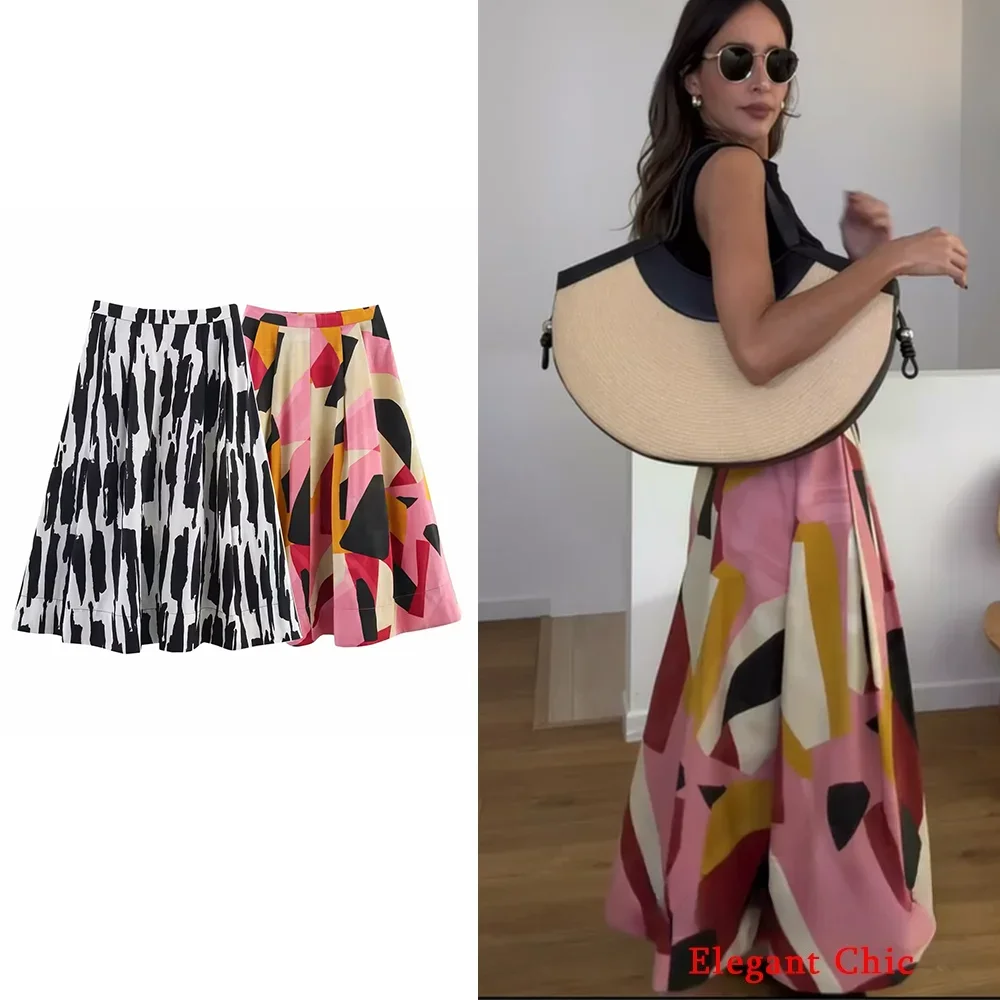 

KONDALA-Women Print Midi Skirt Pleated Multi-Color Zipper Skirt New 2025 Spring Summer Fall Fashion Holiday Romantic Date Skirt