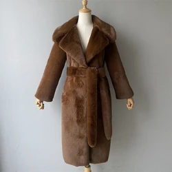 Jaxmonoy Women's Fake Fur Trench Coat Winter Full Sleeves Warm Outerwear Ladies Slim Long Fur Coats with Belt New Arrival