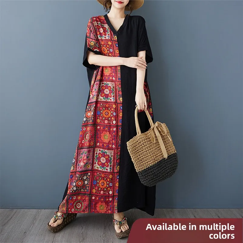 

Длинный клетчатый лоскутный халат с v-образным вырезом для похудения, красный и черный платье в стиле ретро, повседневный летний халат из хлопка и полиэстера