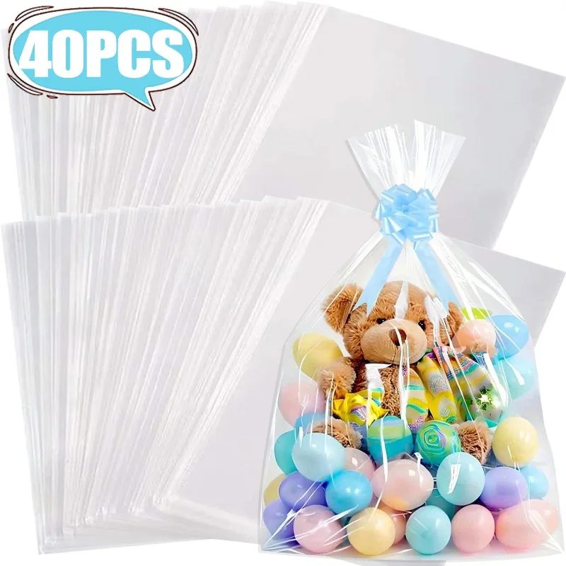 20/40x bolsas grandes de celofán transparente con lazo, cesta transparente, cesta con lazo colorido, bolsas de paquete de regalo transparentes para vacaciones