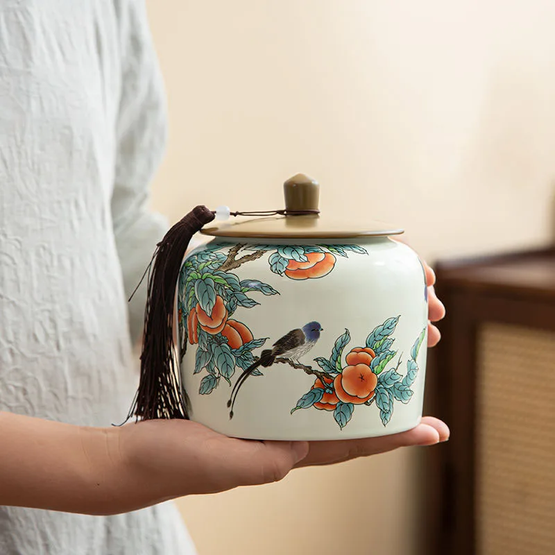 Ceramics Persimmon Storage Jar Flower Bird Decoration Candy Jar Multifunctional Food Medicinal Herb Storage Box Home Decoration