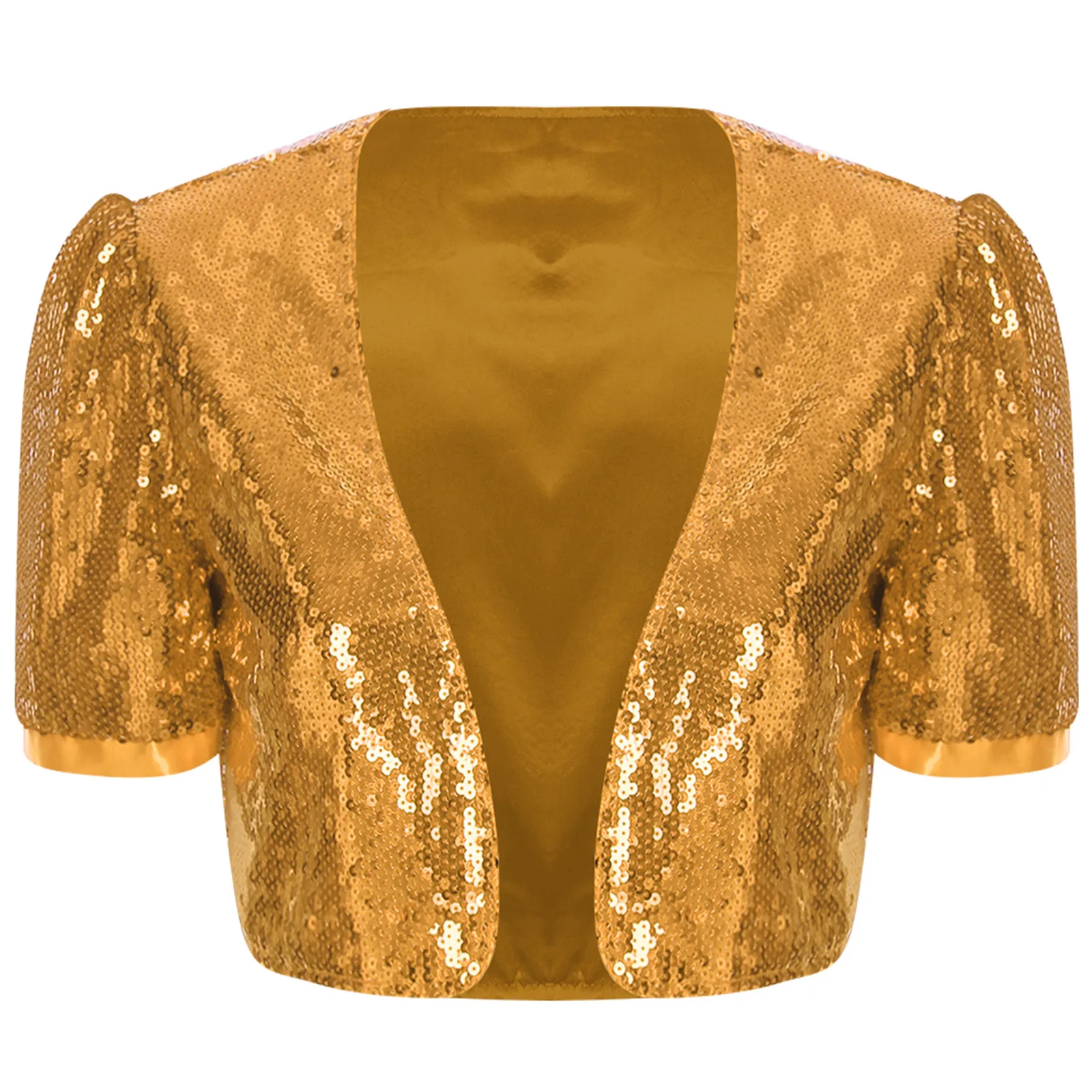 Womens Short Sleeve Glitter Sequin Jazz Dance Cropped Tops Open Front Fully Lining Cardigan Crop Jacket Tops Outerwear Clubwear