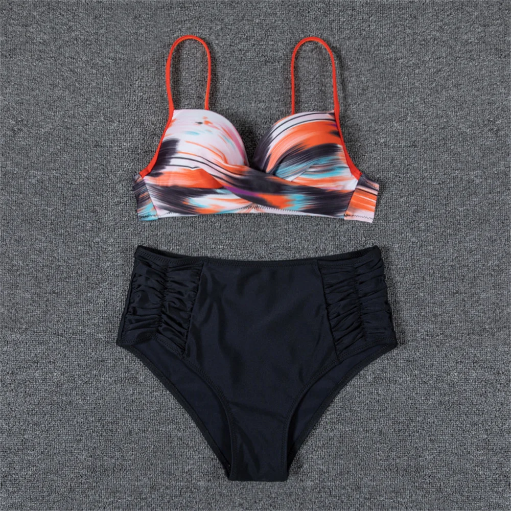 

Бикини с завязками на спине, черный низ, плиссированный купальник с высокой талией, пуш-ап, купальник с подушечками, женский пляжный купальный костюм с принтом Y2K, сексуальный комплект