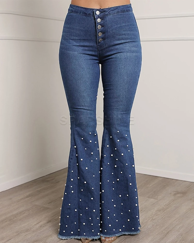 Stretch jeans Casual beaded bell bottoms Bead Flares High Waist jeans Women Elasticity Bell-Bottoms Stretch Elastic wide women's