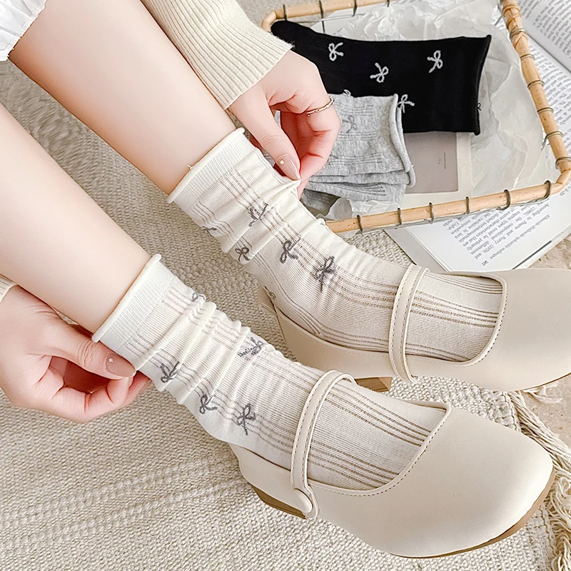 Fashion Women's Socks New Simple Trendy Korean Socks Female Breathable Thin Soft Bow Design Socks Cute Girls Preppy Style Cotton