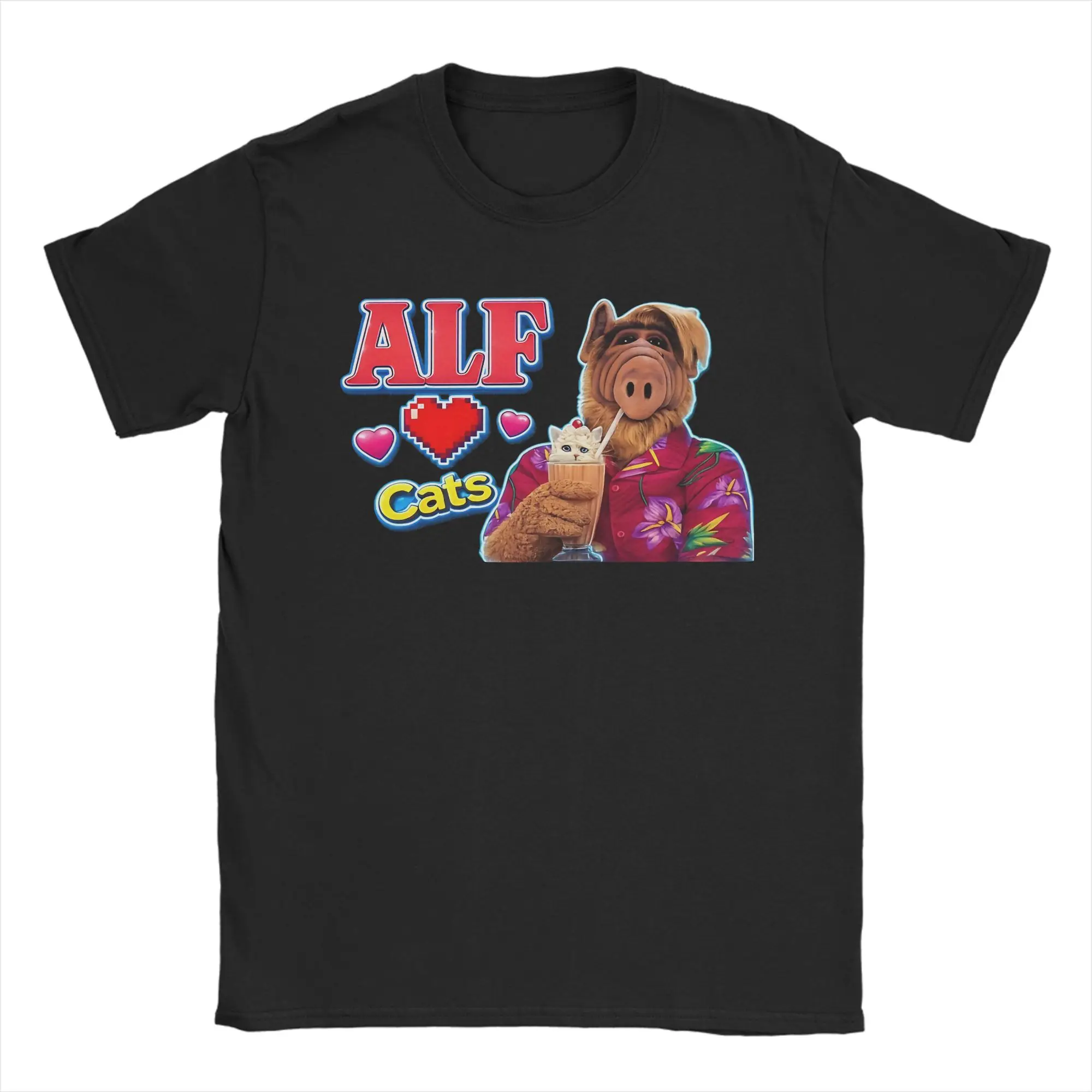 Mens T Shirt ALF Loves Cats Milkshake T Shirts Harajuku  Beach Tees Streetwear Pure Cotton Tops Birthday Present