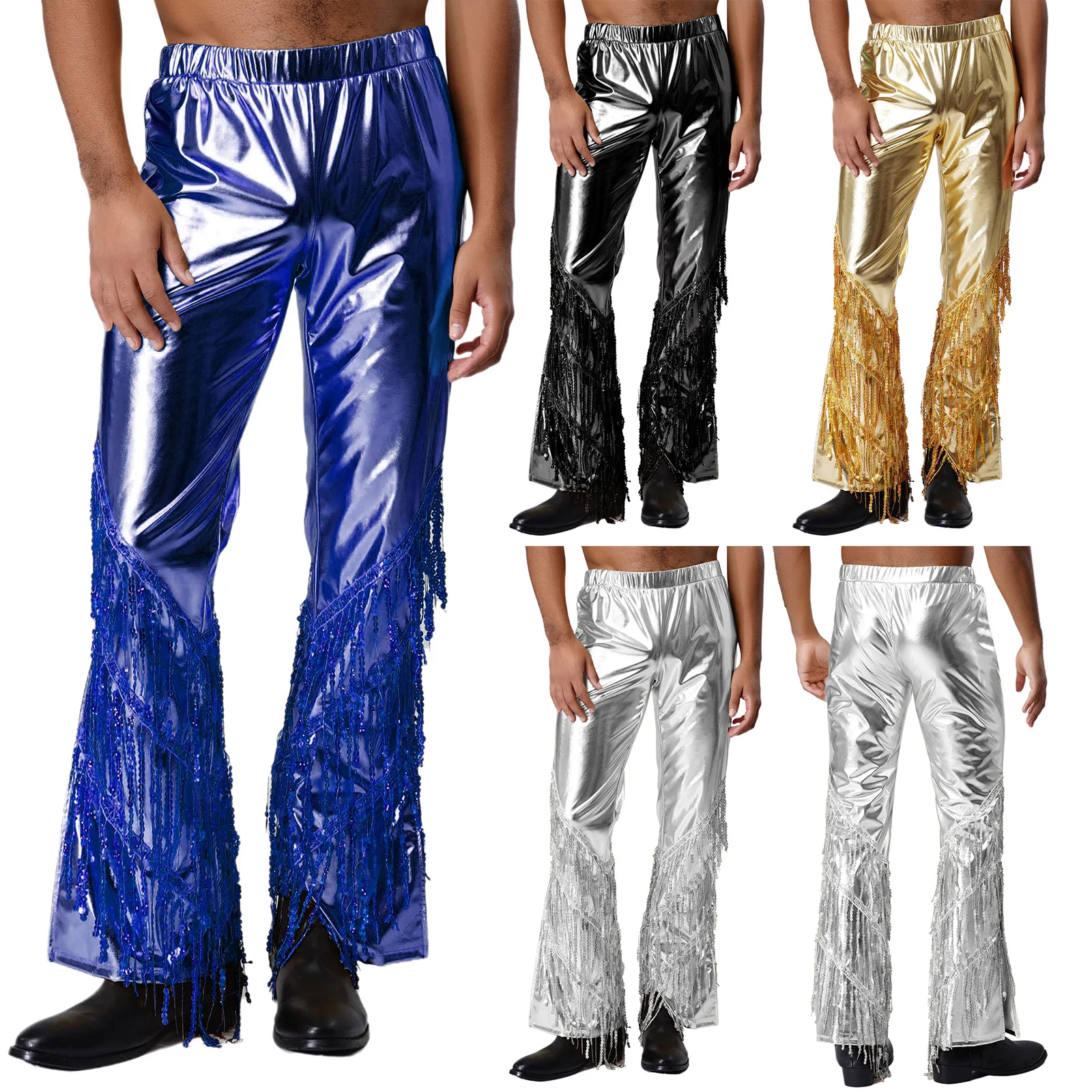 Mens 70s Disco Metallic Shiny Long Pants Slit Bell Bottom Tiered Sequined Tassel Dance Trousers for Raves Jazz Music Festival
