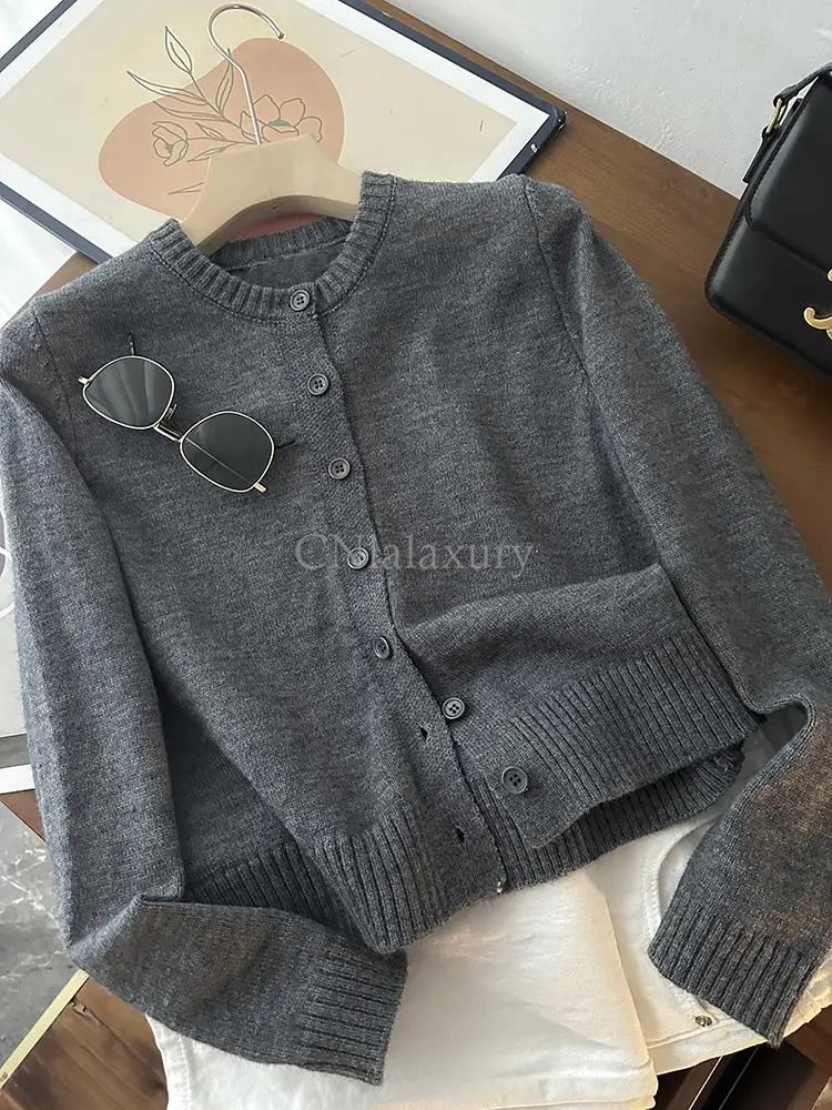 CNlalaxury 2023 Autumn Winter New Women Round Neck Simplicity Solid Color Fashion Temperament Cardigan Sweater Coat Tops Chic