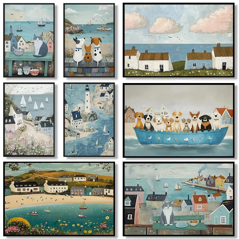 Coastal Village Gallery Wall Set Rustic Nautical Canvas Art Abstract Beach House Painting Decor Seascape Summertime Wall Decor