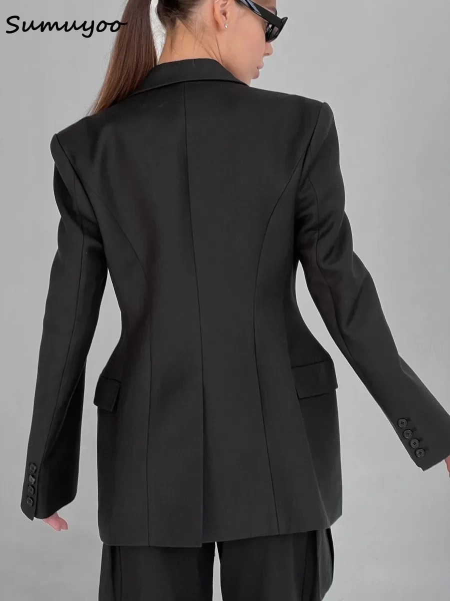 Sumuyoo Blazer Women Autumn Winter Slim Waist Chic Blazer Coats Office Ladies Double Breasted Fashion Jacket Women Clothing