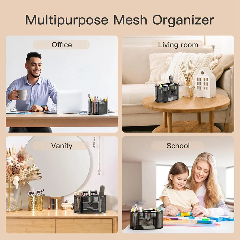 Mesh Desk Organizer com 8 Compartimentos e 1 Gaveta, Material de Escritório, Pen Holder, Papelaria, Escola, Sala de Aula, 1 Pc