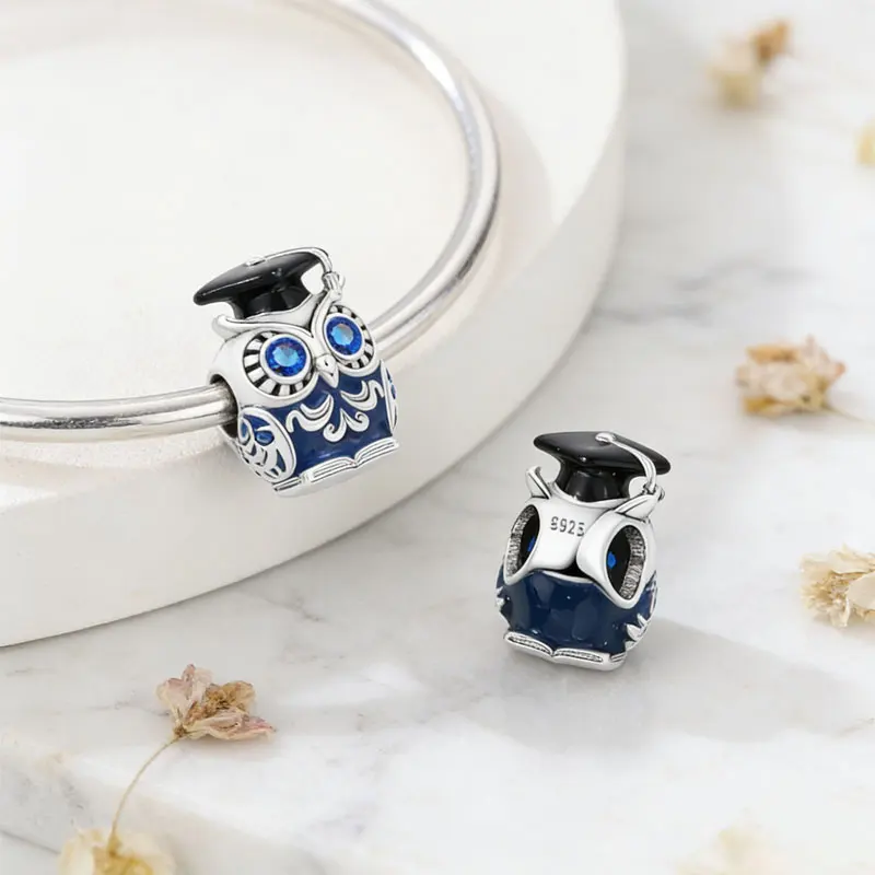 S925 Silver Graduation Owl Charm, Wisdom Owl with Graduation Hat, Blue Crystal Eyes Bead, DIY Jewelry Gift for Graduation Season
