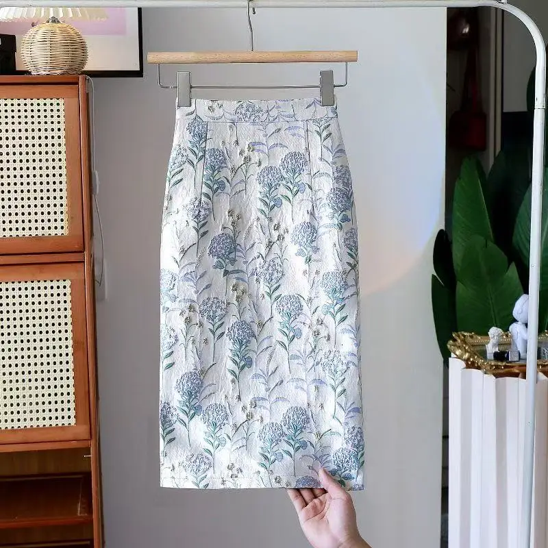 Retro Floral Oil Painting Style Midi Skirt High Waist Embellished Split Women's Spring Summer New Fashion A-Line Skirt