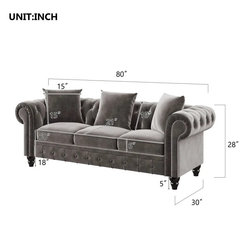 Juego de sofás Chesterfield moderno, sofá de dos plazas con respaldo tapizado de terciopelo con botones y brazo enrollable para sofá de 3 asientos