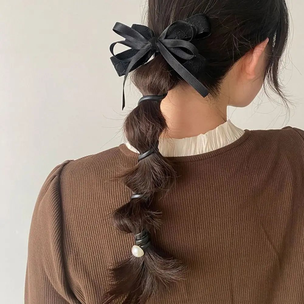 

Elegant Ribbon Telephone Line Hair Rope Mesh Flower Plastic Bowknot Hair Ring Rubber Band Straight Bow Ponytail Holder Wedding