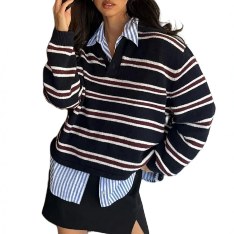 

New Women's Polo Neck Stripe Color-Block Knit Sweater