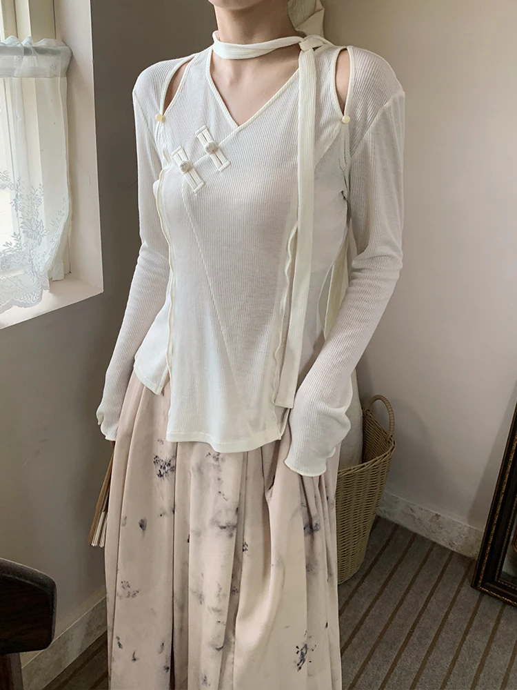 

Женская футболка с длинным рукавом и пуговицами, приталенная, базовая модель, оригинальный дизайн, V-образный вырез, однотонная, осенняя мода