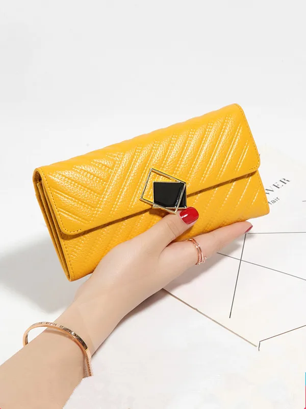 

2026 New Real Leather Long Hand-Held Women's Wallet Yellow Soft Leather Clutch Large Capacity Phone Holder Wallet