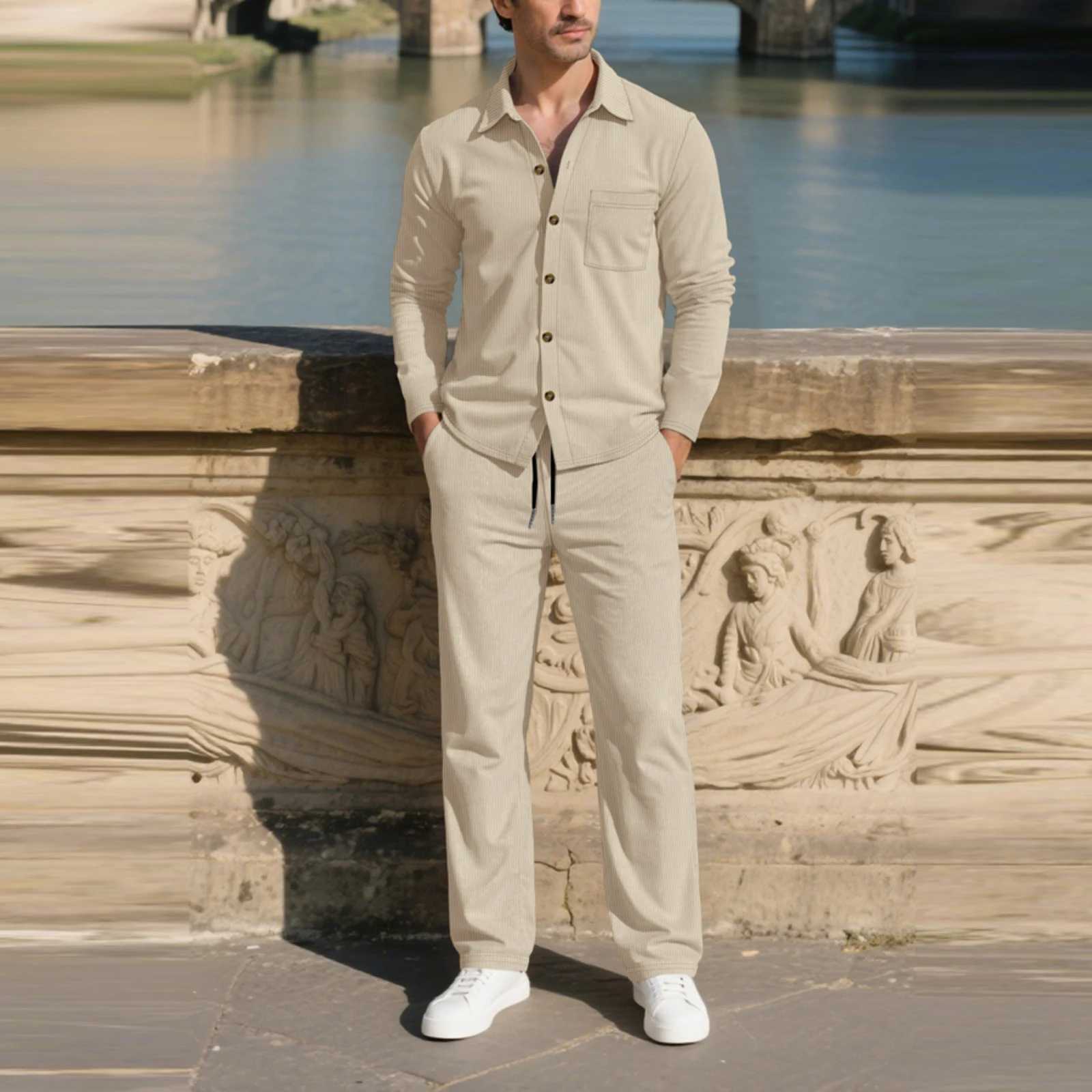 

Мужская мода, однотонный комплект свитшотов, зимний теплый вельветовый кардиган, повседневный комплект свободного кроя с длинными рукавами и длинными брюками