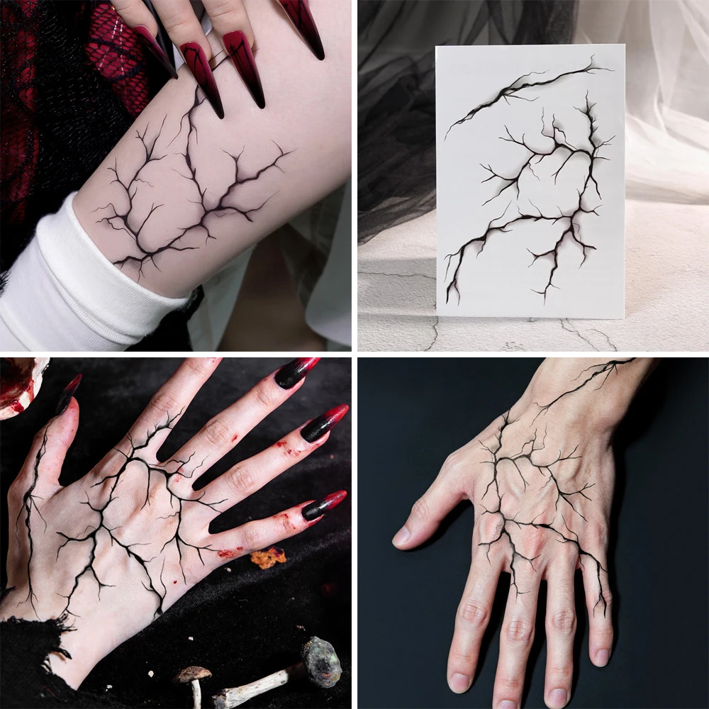 6 Blätter Halloween Schwarze Blitzeffekt-Tattoos, Dekoration für Maskerade, Scherze, Cosplay, Nachtclub & Musikfestival – Detail 7