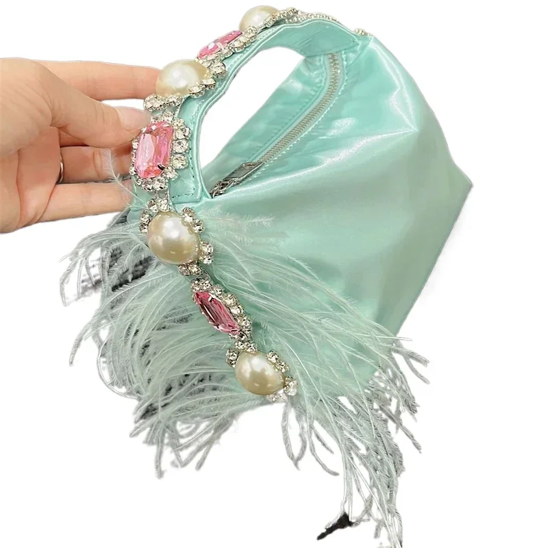 Women's Handbag Fashion gemstone Ostrich Fur Diamond Pearl Satin evening bags Summer Elegant Bucket Bag Chic Feminina Sac A Main