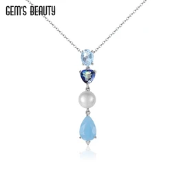 GEM'S BEAUTY 925 Sterling Silver Necklace Fresh-water Pearl Sky Blue Topaz Gemstone Pendant Necklaces With Chain For Women