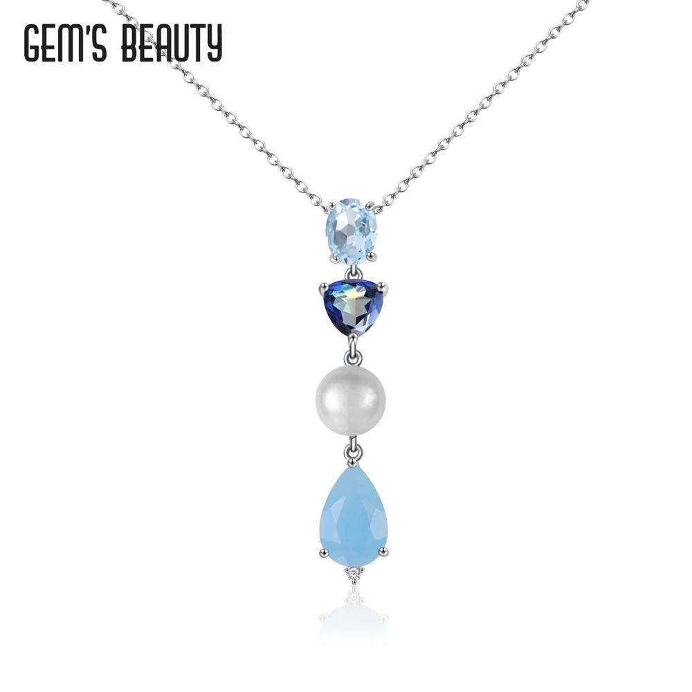 GEM'S BEAUTY 925 Sterling Silver Necklace Fresh-water Pearl Sky Blue Topaz Gemstone Pendant Necklaces With Chain For Women