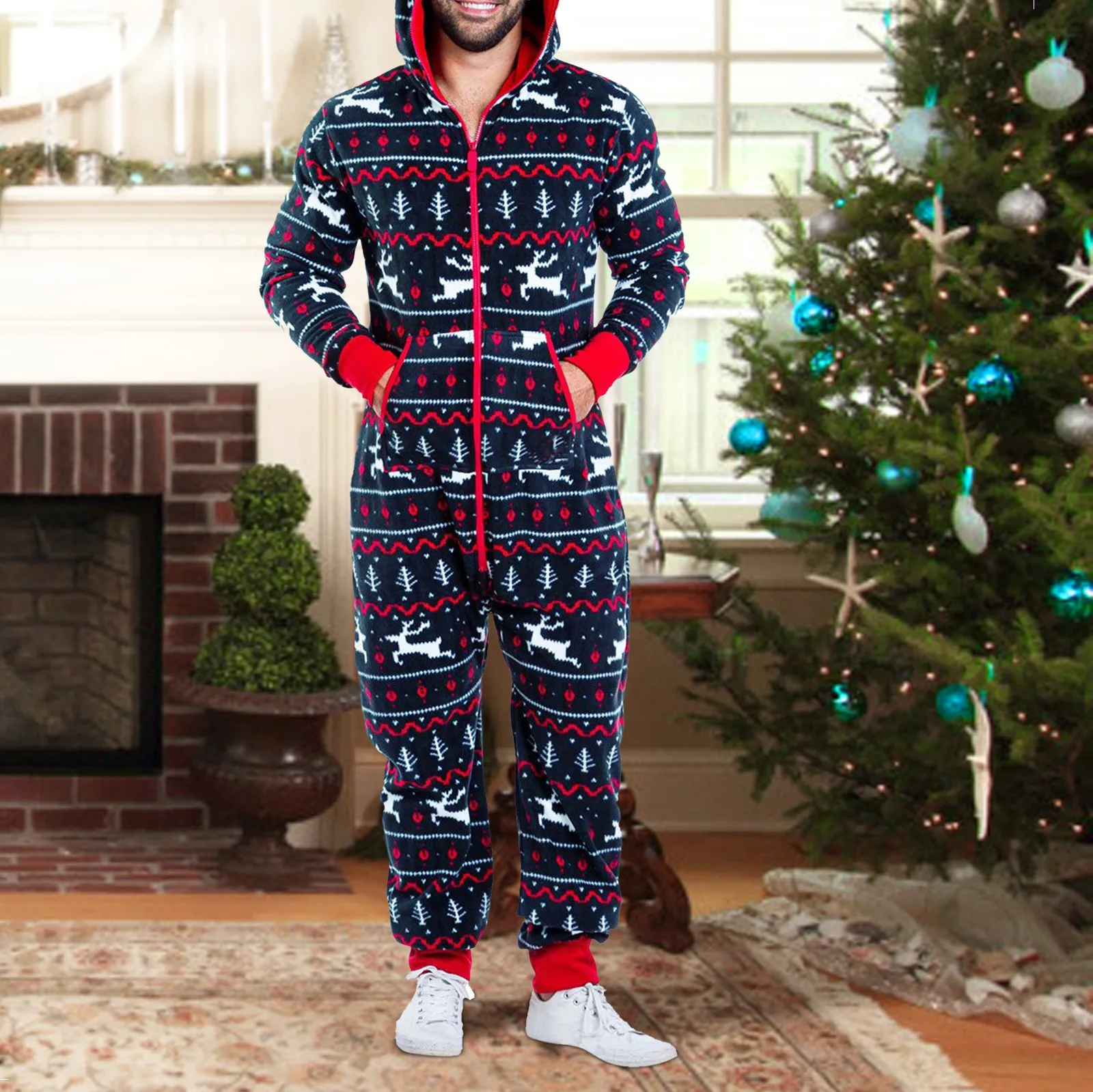 

Mens Christmas Jumpsuit Pyjamas Xmas Print Zip Up Hooded Sleepwear Onesies Autumn Winter Thicken Warm Loose Nightwear Overalls