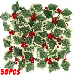 50/5Pcs Artificial Holly Berries With Green Leaves DIY Christmas Wreath Wedding Flower Gifts Xmas New Year Festival Decorations