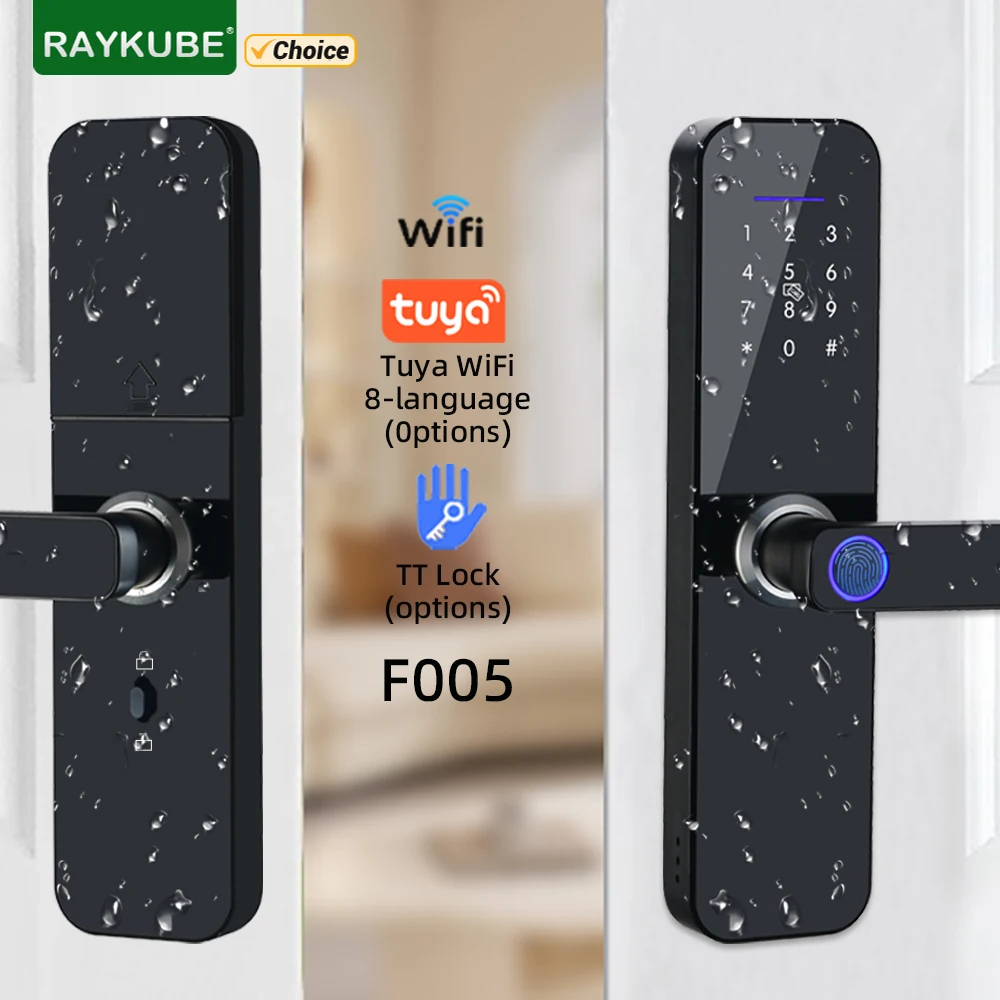 

RAYKUBE F005 IP65 Waterproof Tuya Wifi/ TT Lock Electronic Smart Door Lock With Fingerprint/Smart Card/Password/Key/APP Unlock
