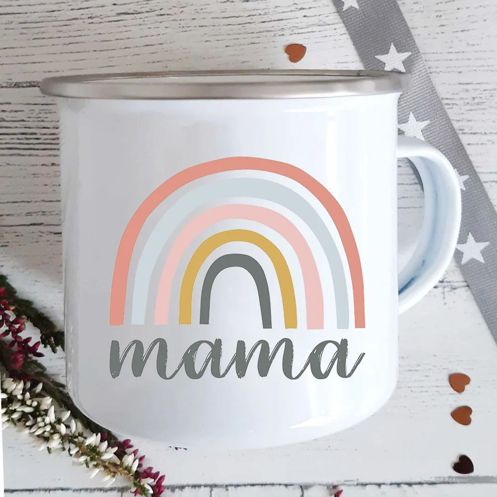 Mama Rainbow Print Enamel Mug Home Party Wine Beer Drink Juice Cups Kitchen Drinkware Handle Breakfast Milk Oat Mug Holiday Gift