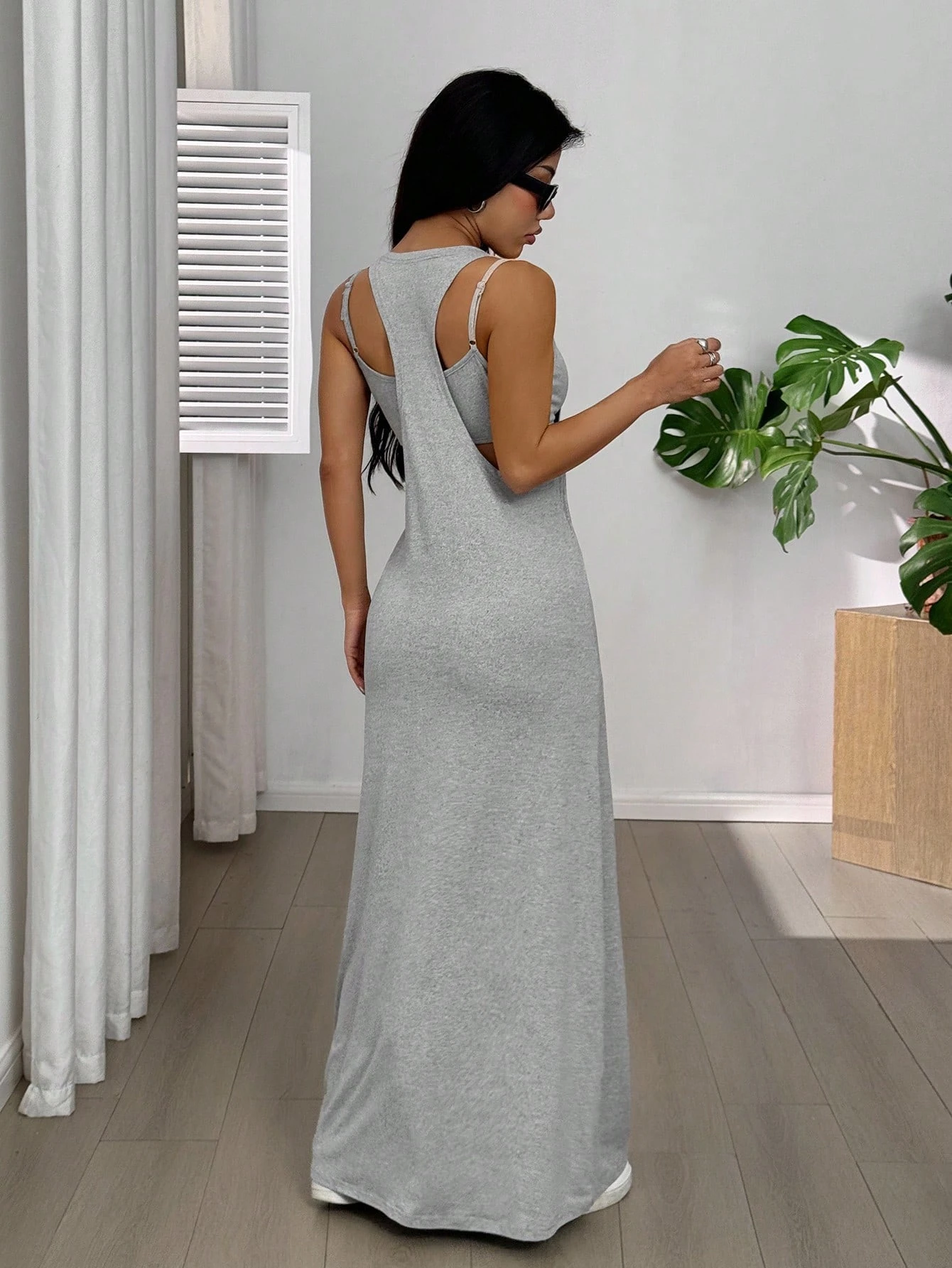 Women's 2 Piece Maxi Dress Set Sleeveless Cami Crop Top + Open Back Racerback Long Cover Up Dress Gray