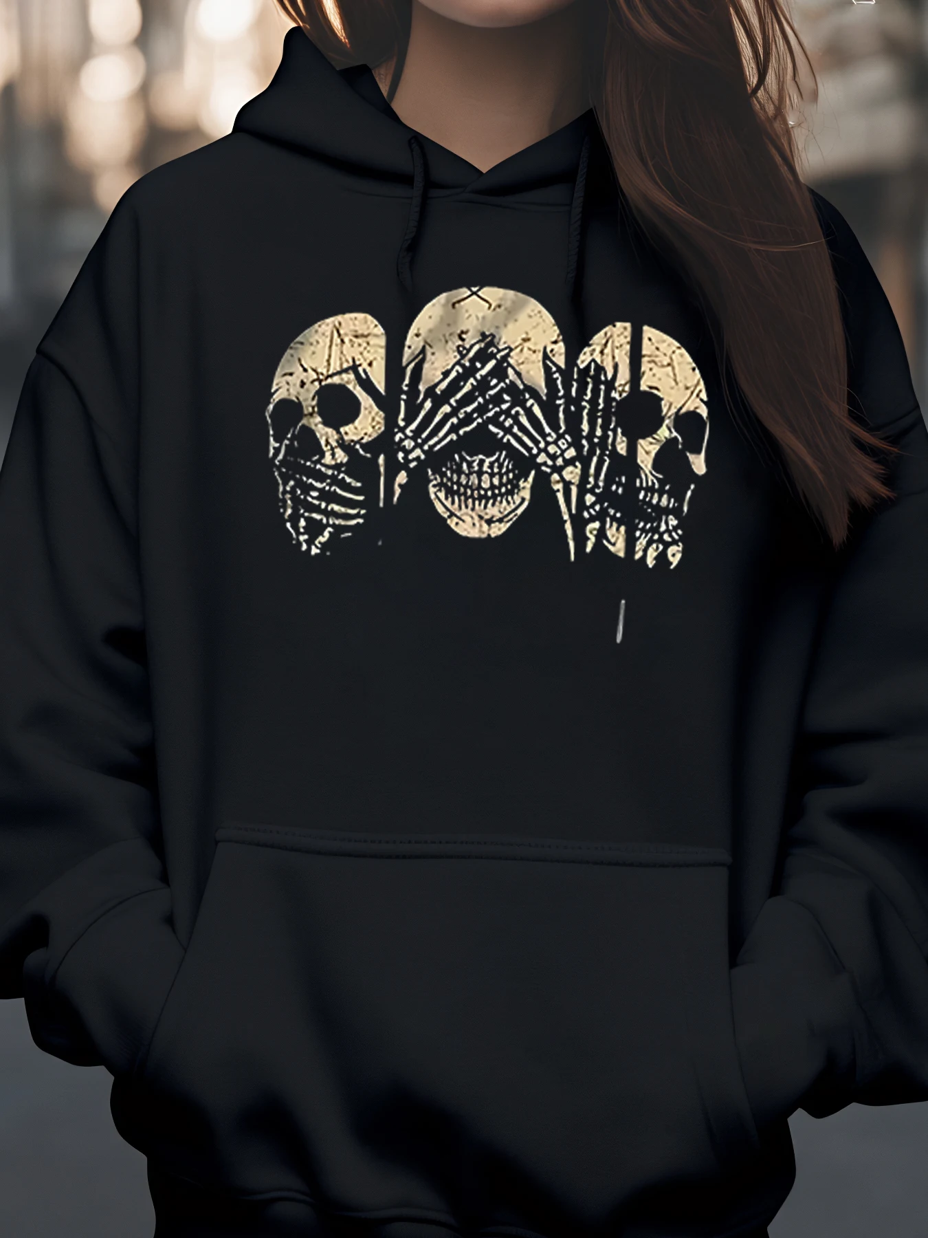 Hoodie Halloween Motif Tengkorak dan Tulang untuk Wanita Pakaian Santai Pesta