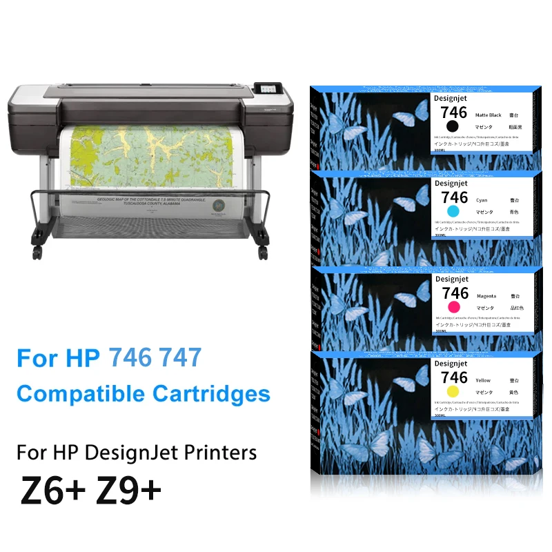 746 746XL 747 747XL Ink Cartridge Compatible for HP DesignJet Z6 & Z9+ Printer With Pigment Ink 300ML P2V78A P2V79A P2V80A Inks
