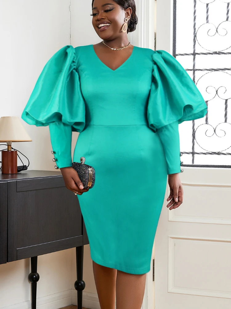 Trendy Green Bodycon Dress Long Sleeve V Neck Latern Sleeve Buttons Sheath Dress Elegant African Ladies Party Date Night Outfits