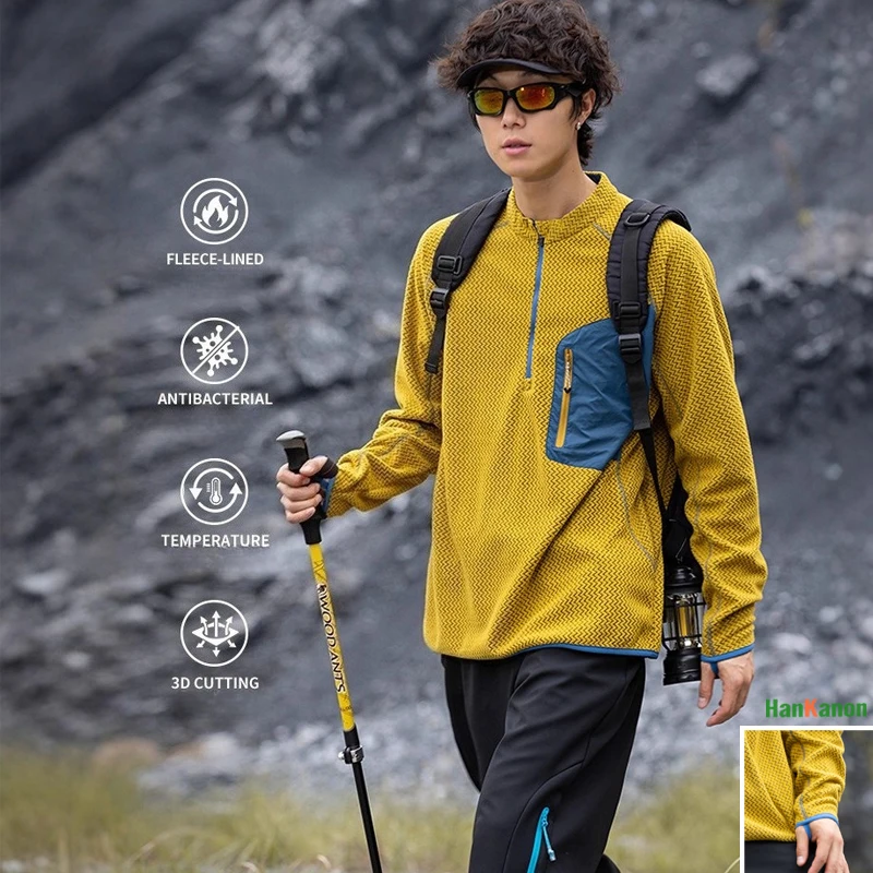 

Outdoor Wave Pattern Half Zipper Round Neck Sweater Men and Women Warm Fleece Long Sleeve T-shirt Top