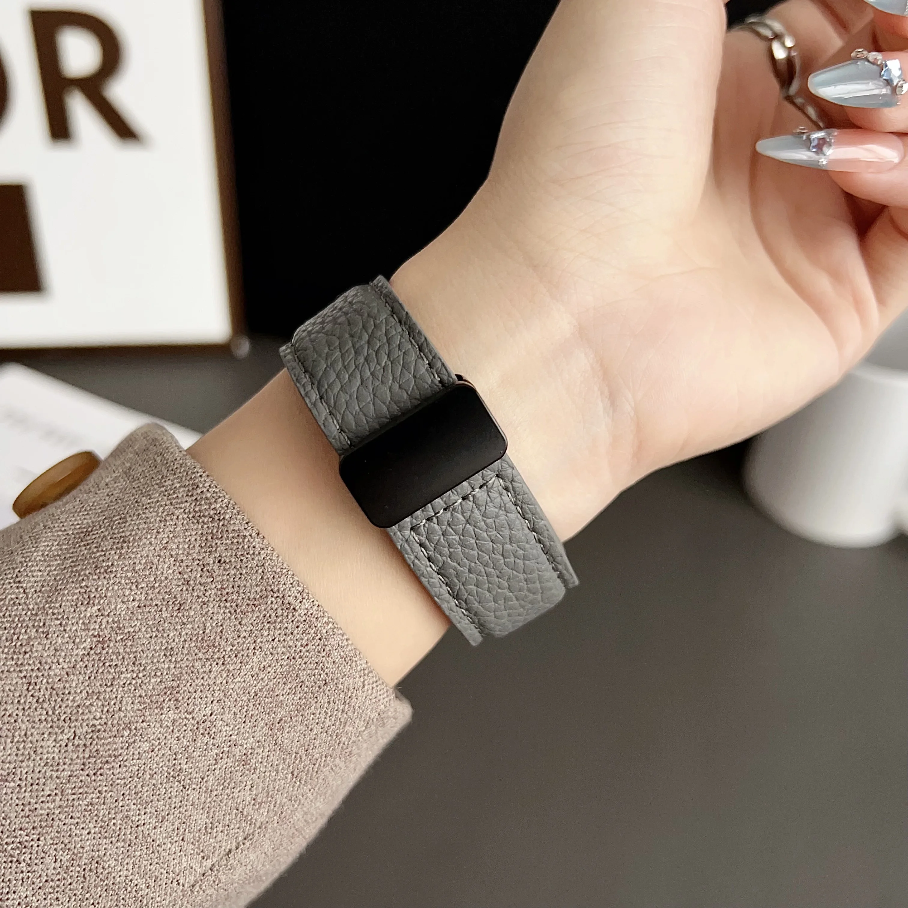 Lychee Leather Silicone Magnetic Strap For Apple Watch Band 49mm 46mm 45mm 44mm 42mm 41mm 40mm 38mm iWatch Series 12 11 10 9 SE