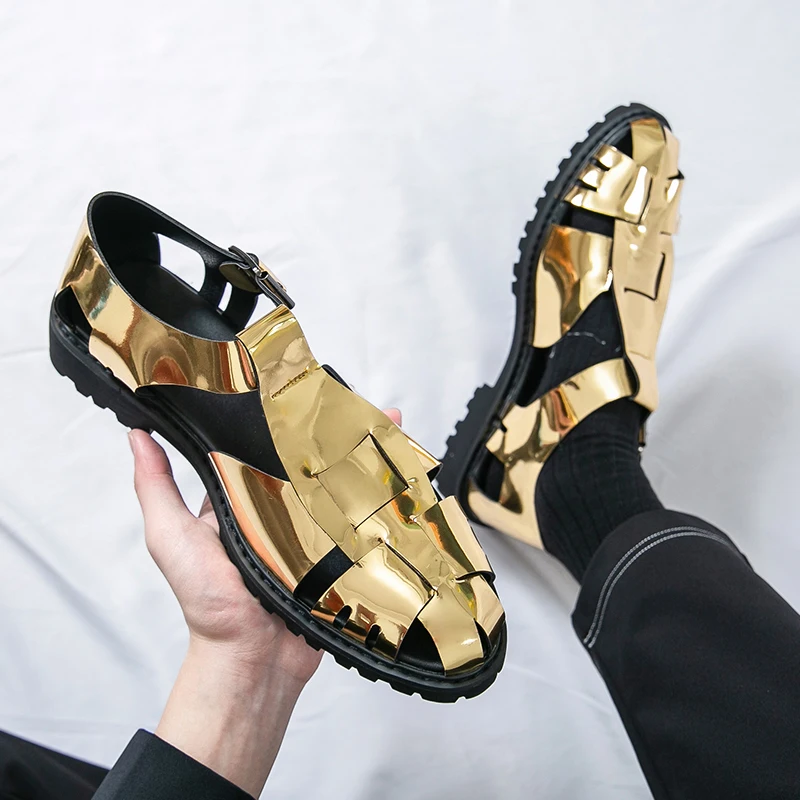 

Золотые высококачественные модные дизайнерские мужские полые дышащие нескользящие повседневные сандалии ручной работы, удобная обувь большого размера с острым носком