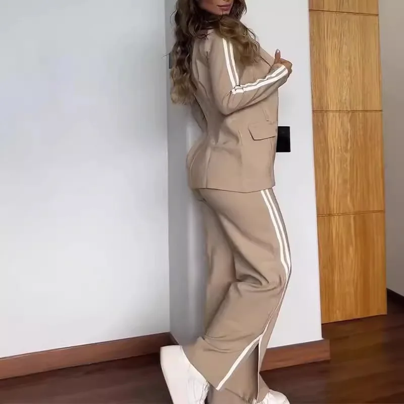 Elegant Office Lady Set Fashion Lapel No Buckle Blazer Striped Side Split Straight Trousers Two Piece Set 2024 Autumn New