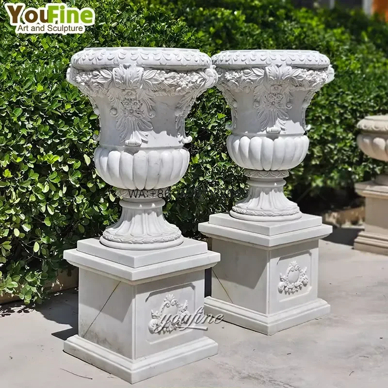 Wmwmnu Hand Carved White Marble Garden Planter Round Stone Flower Pot with Pedestal Base for Outdoor Yard Villa Landscaping