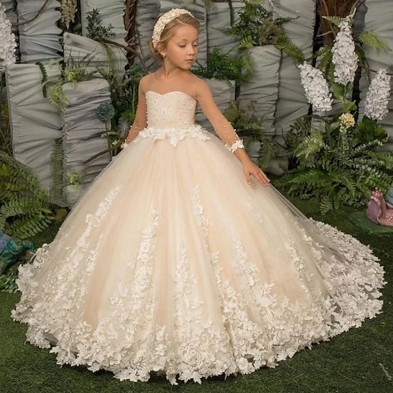 Pó Blusher Rosa Fofo Tule Smoking Manga Longa Applique Flower Girl Dress Casamento Elegante Crianças Vestido De Aniversário De Natal