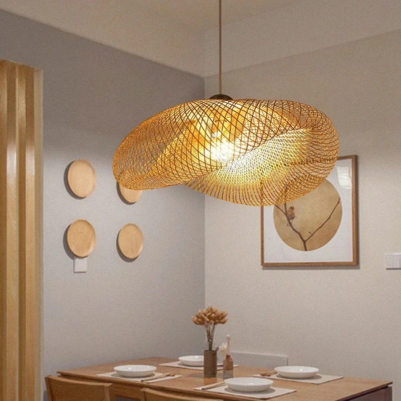2024 Weaving LED Pendant Light HandMade Vintage Home Hanging Chandelier Lighting Living Room Kitchen Rattan Woven Pendant Lamp image 2