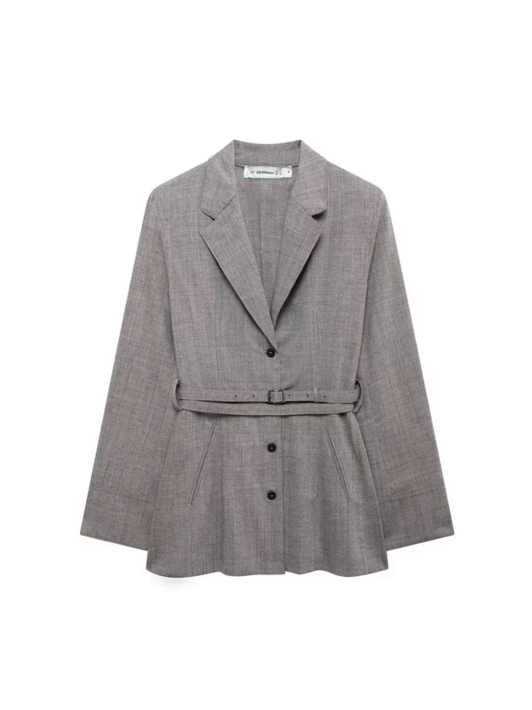 2024 Women\'s Fashion All-match Temperament Series Pure Wool Gray Suit Jacket with Belt